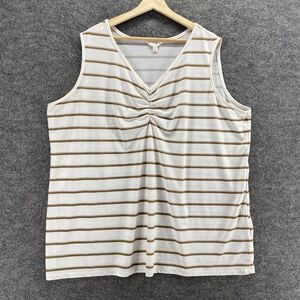 Terra & Sky Tank Women 3X Plus White Striped V-Neck Sleeveless Wide Strap Rayon